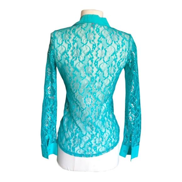 Bongo Y2K Flair Emerald Lace Subtle Silver Metallic Collar Button-Up Shirt Small - Picture 4 of 9
